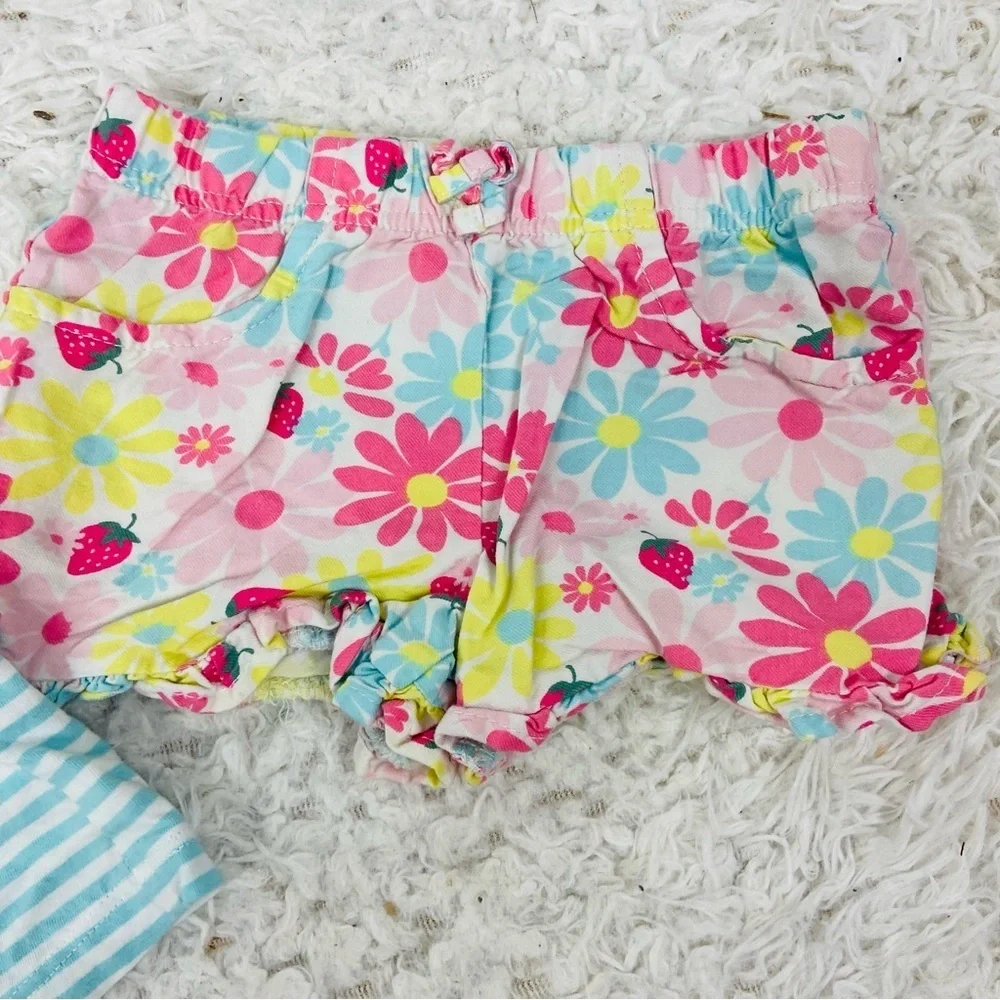 Carter's Blue and White Striped flamingo ruffle Top with pink floral shorts 3T - Picture 6 of 17